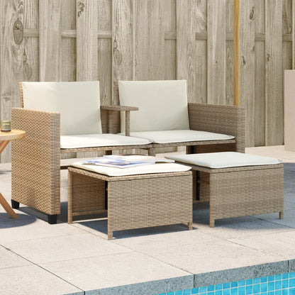 Gartensofa 2-Sitzer mit Tisch und Hockern Beige Poly Rattan