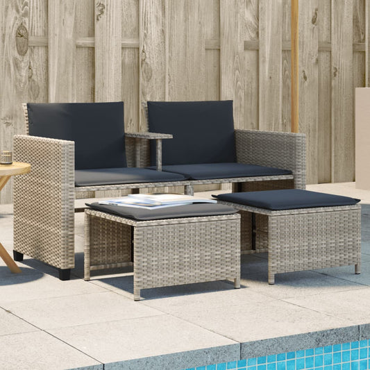 Gartensofa 2-Sitzer mit Tisch und Hockern Hellgrau Poly Rattan