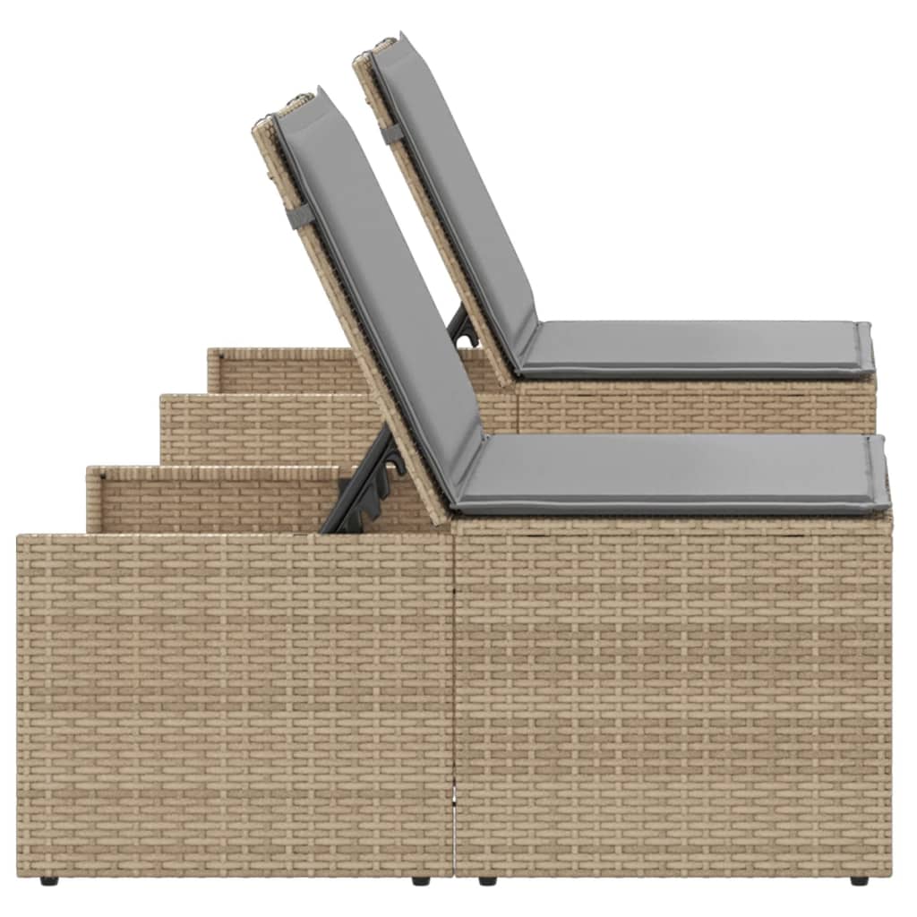 Sonnenliegen 2 Stk. mit Tisch Beige Poly Rattan