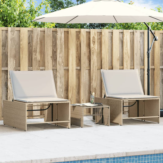 Sonnenliegen 2 Stk. mit Tisch Beige Poly Rattan