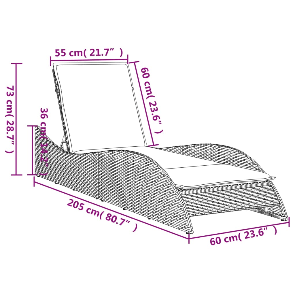 Sonnenliege mit Auflage Grau 60x205x73 cm Poly Rattan