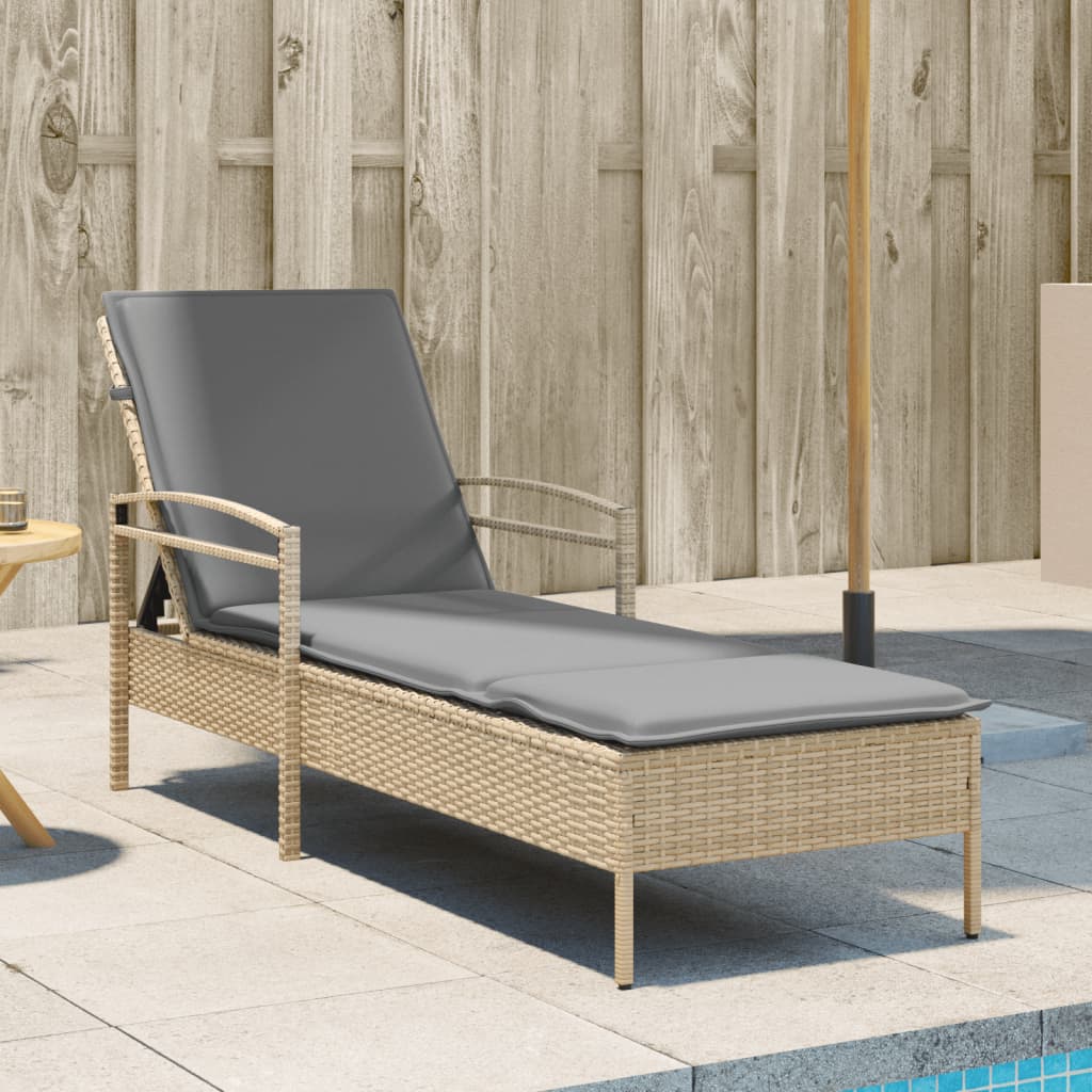 Sonnenliege mit Auflage Beige 63x200x81 cm Poly Rattan