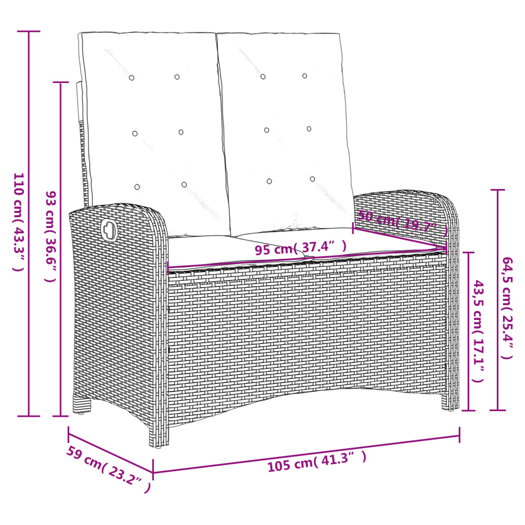 Gartenbank Verstellbar mit Kissen Braun Poly Rattan