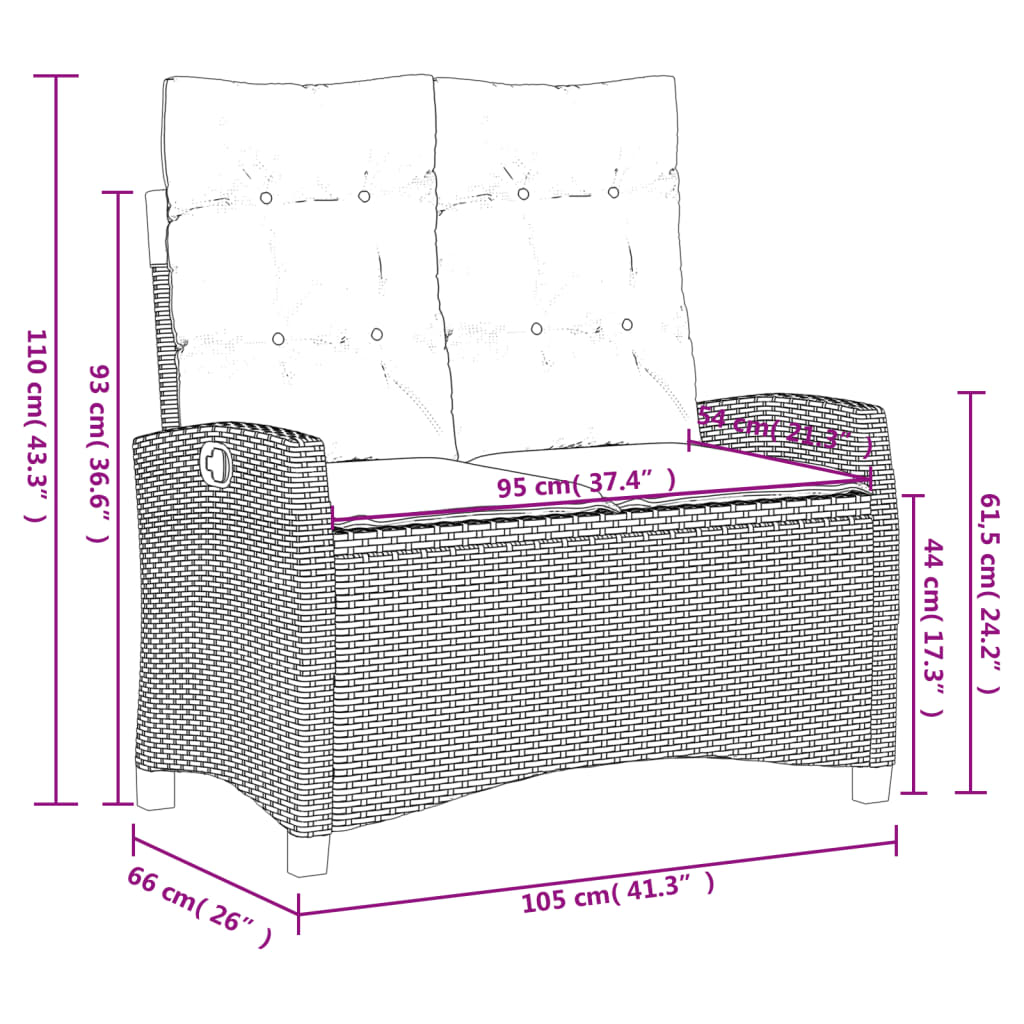 Gartenbank Verstellbar mit Kissen Grau Poly Rattan