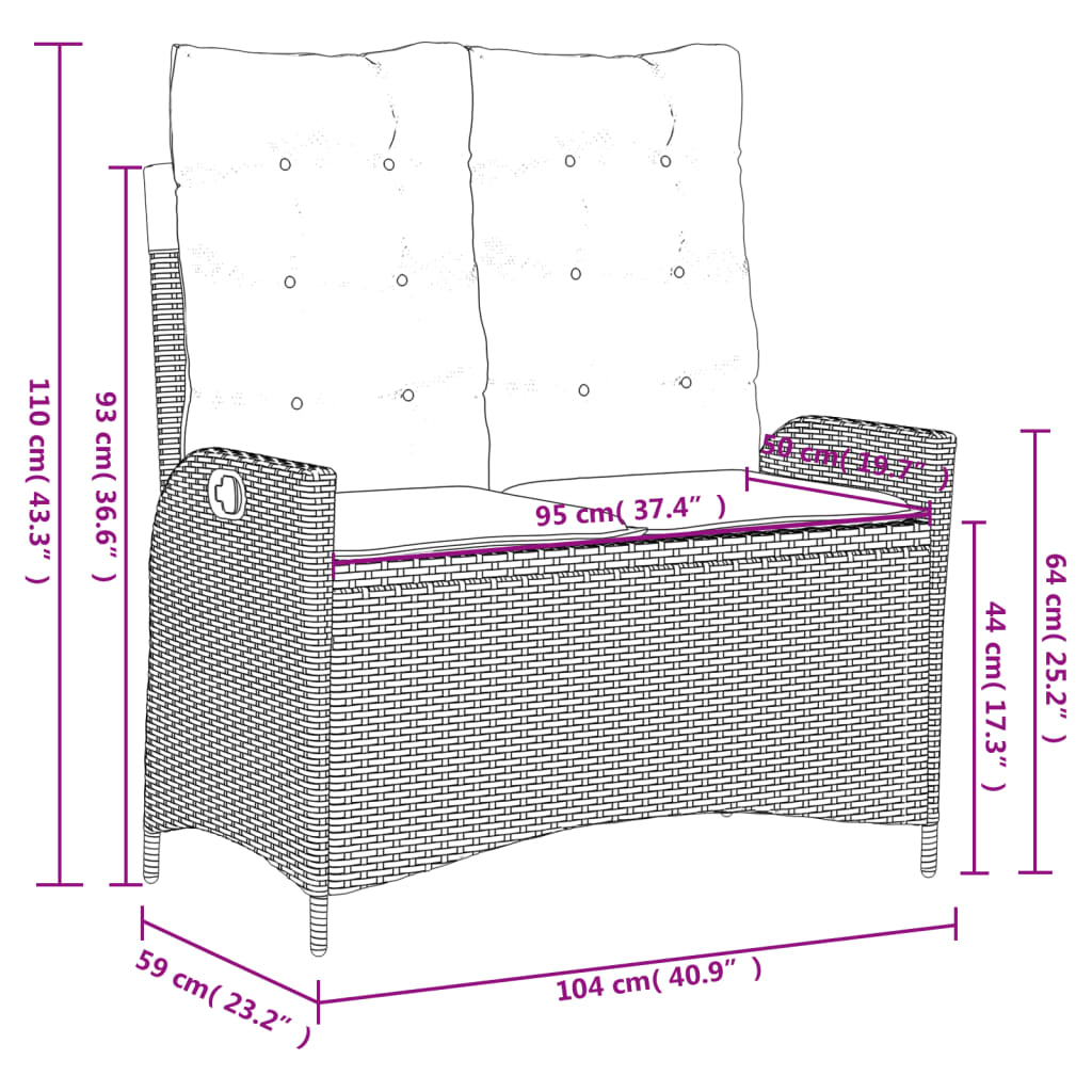 Gartenbank Verstellbar mit Kissen Schwarz Poly Rattan