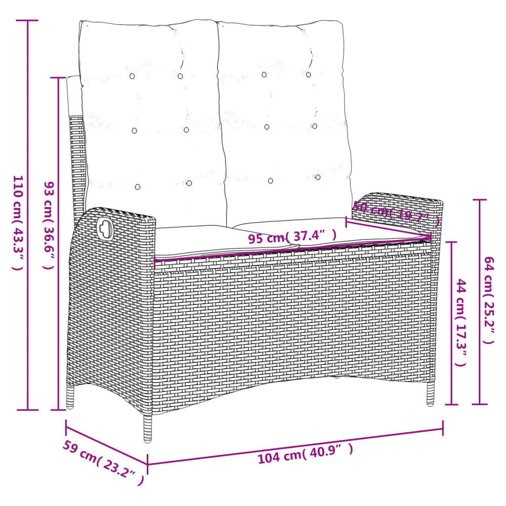 Gartenbank Verstellbar mit Kissen Beige Poly Rattan