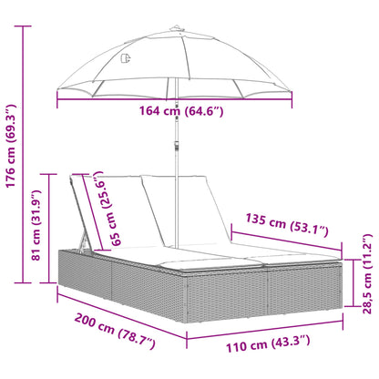 Doppel-Sonnenliege mit Kissen&Sonnenschirm Schwarz Poly Rattan