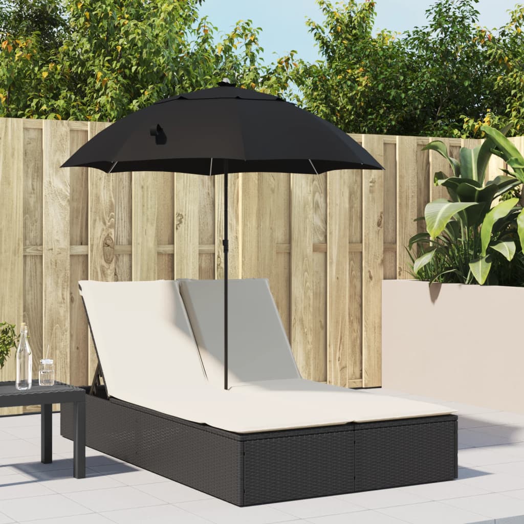 Doppel-Sonnenliege mit Kissen&Sonnenschirm Schwarz Poly Rattan