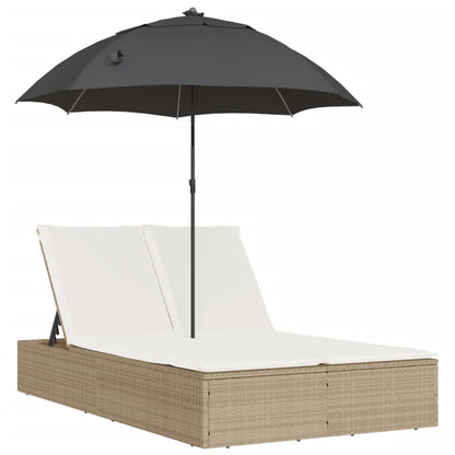 Doppel-Sonnenliege mit Kissen & Sonnenschirm Beige Poly Rattan