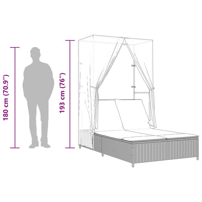 Doppel-Sonnenliege mit Dach und Vorhängen Beige Poly Rattan