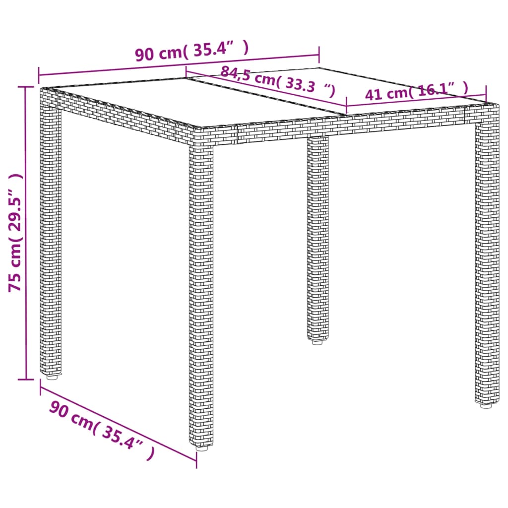 Gartentisch mit Glasplatte Weiß 90x90x75 cm Poly Rattan