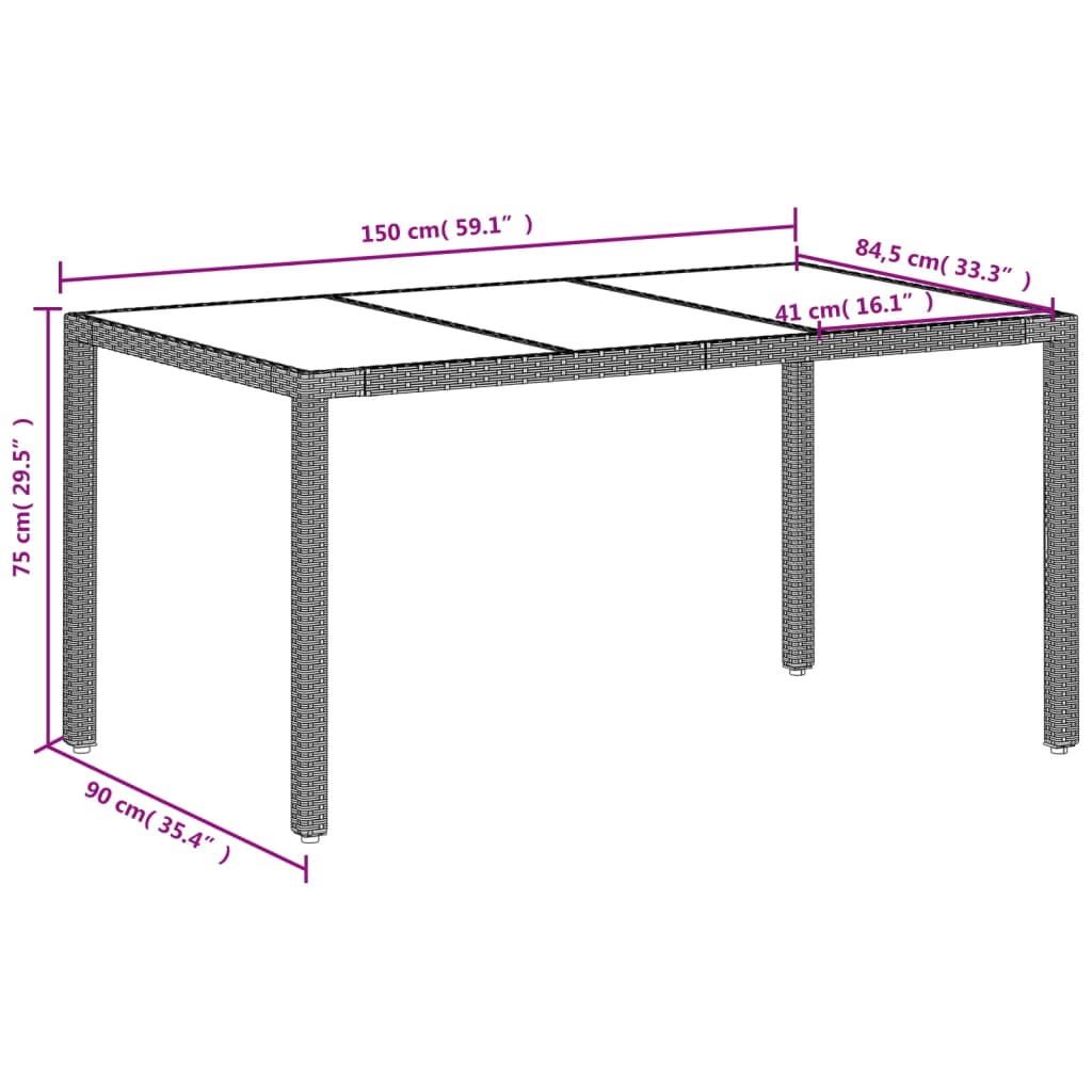 Gartentisch mit Glasplatte Hellgrau 150x90x75 cm Poly Rattan