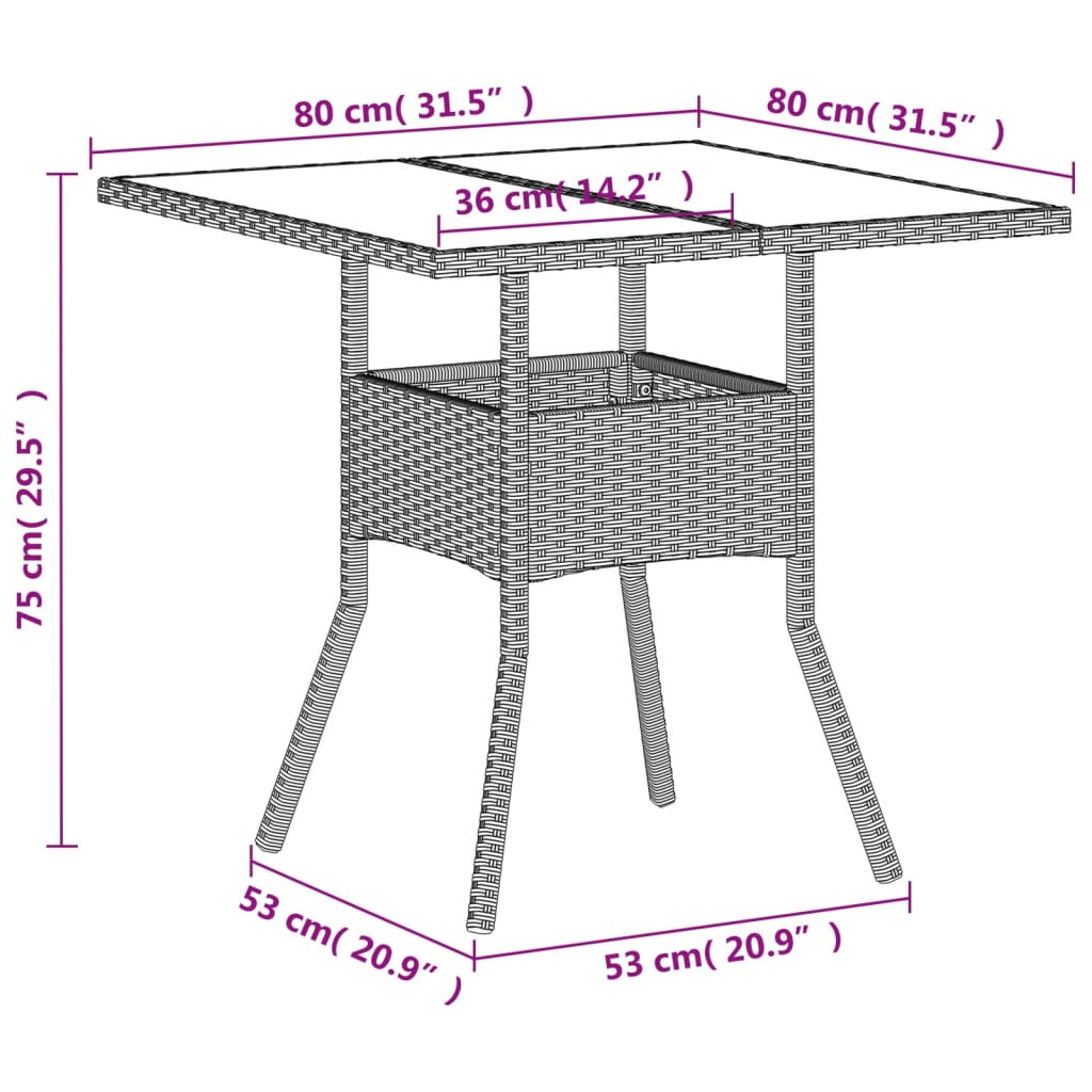 Gartentisch mit Glasplatte Hellgrau 80x80x75 cm Poly Rattan