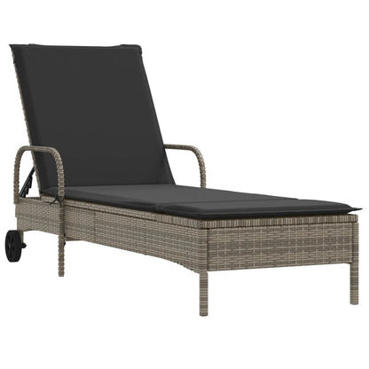 Sonnenliege mit Rollen und Auflage Grau Poly Rattan