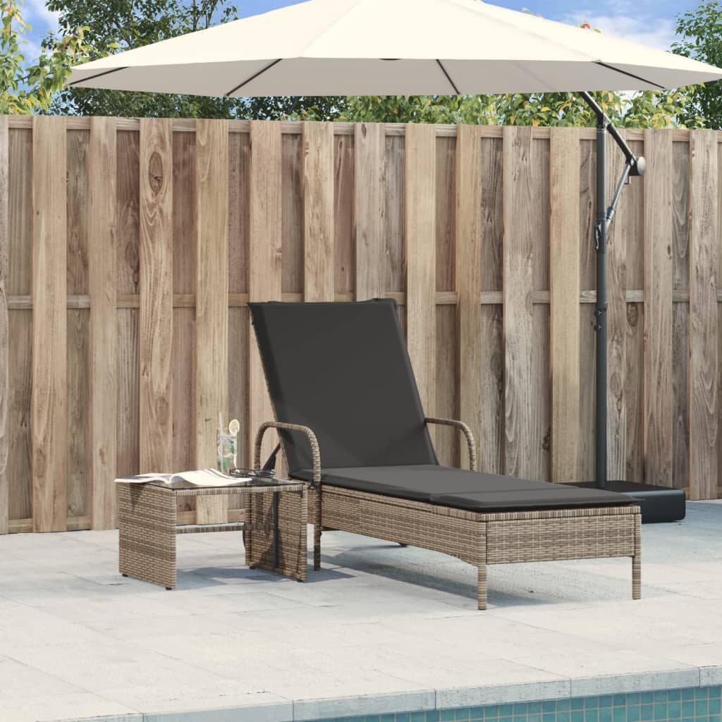 Sonnenliege mit Rollen und Auflage Grau Poly Rattan