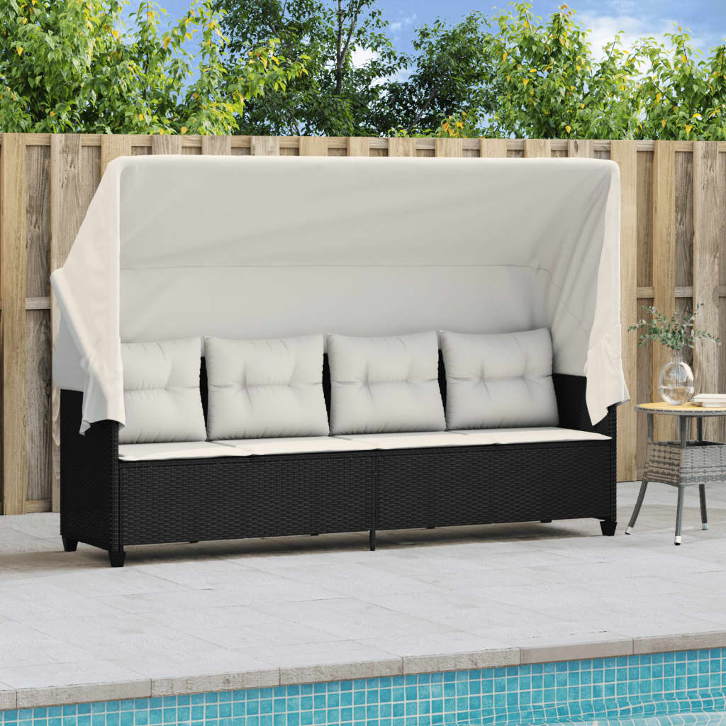 Sonnenliege mit Dach und Kissen Schwarz Poly Rattan