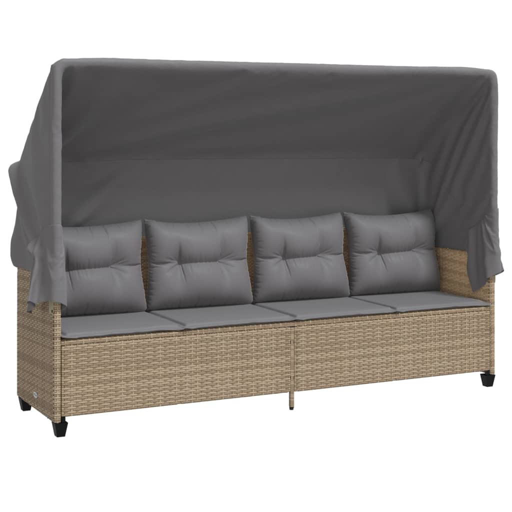 Sonnenliege mit Dach und Kissen Beige Poly Rattan