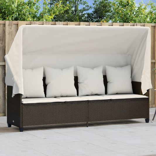 Sonnenliege mit Dach und Kissen Braun Poly Rattan