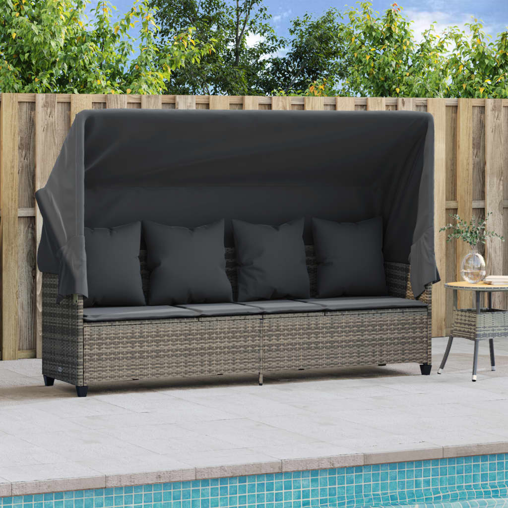 Sonnenliege mit Dach und Kissen Grau Poly Rattan