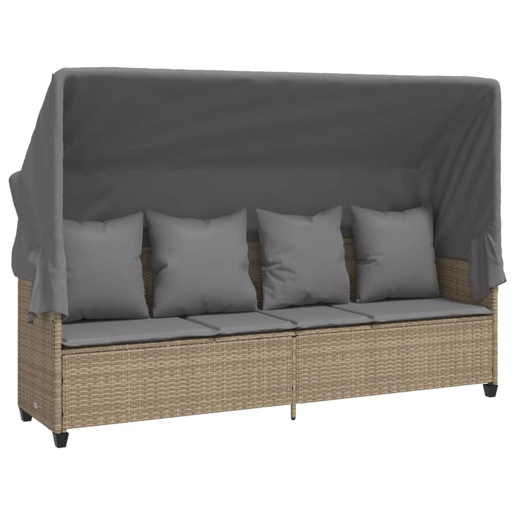 Sonnenliege mit Dach und Kissen Beige Poly Rattan