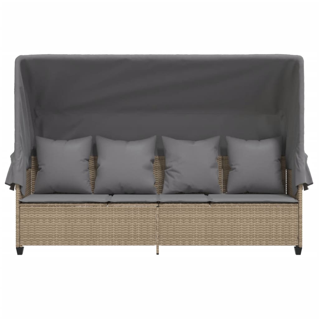 Sonnenliege mit Dach und Kissen Beige Poly Rattan