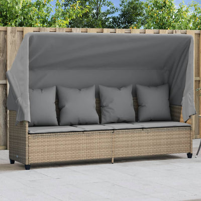 Sonnenliege mit Dach und Kissen Beige Poly Rattan