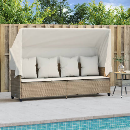 Sonnenliege mit Dach und Kissen Beige Poly Rattan