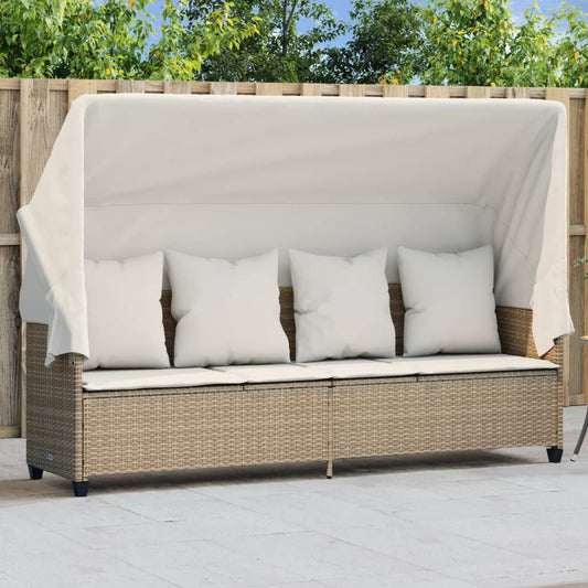 Sonnenliege mit Dach und Kissen Beige Poly Rattan