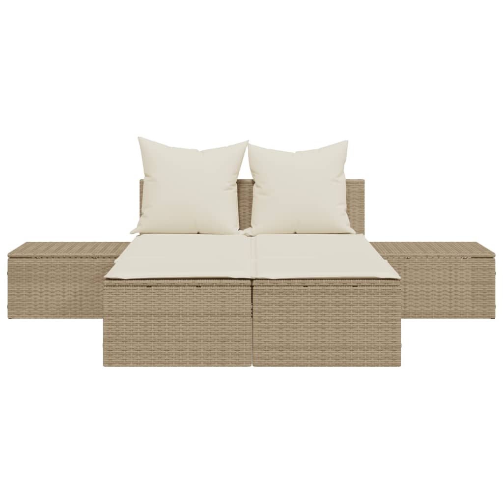 Doppel-Sonnenliege mit Auflagen Beige Poly Rattan