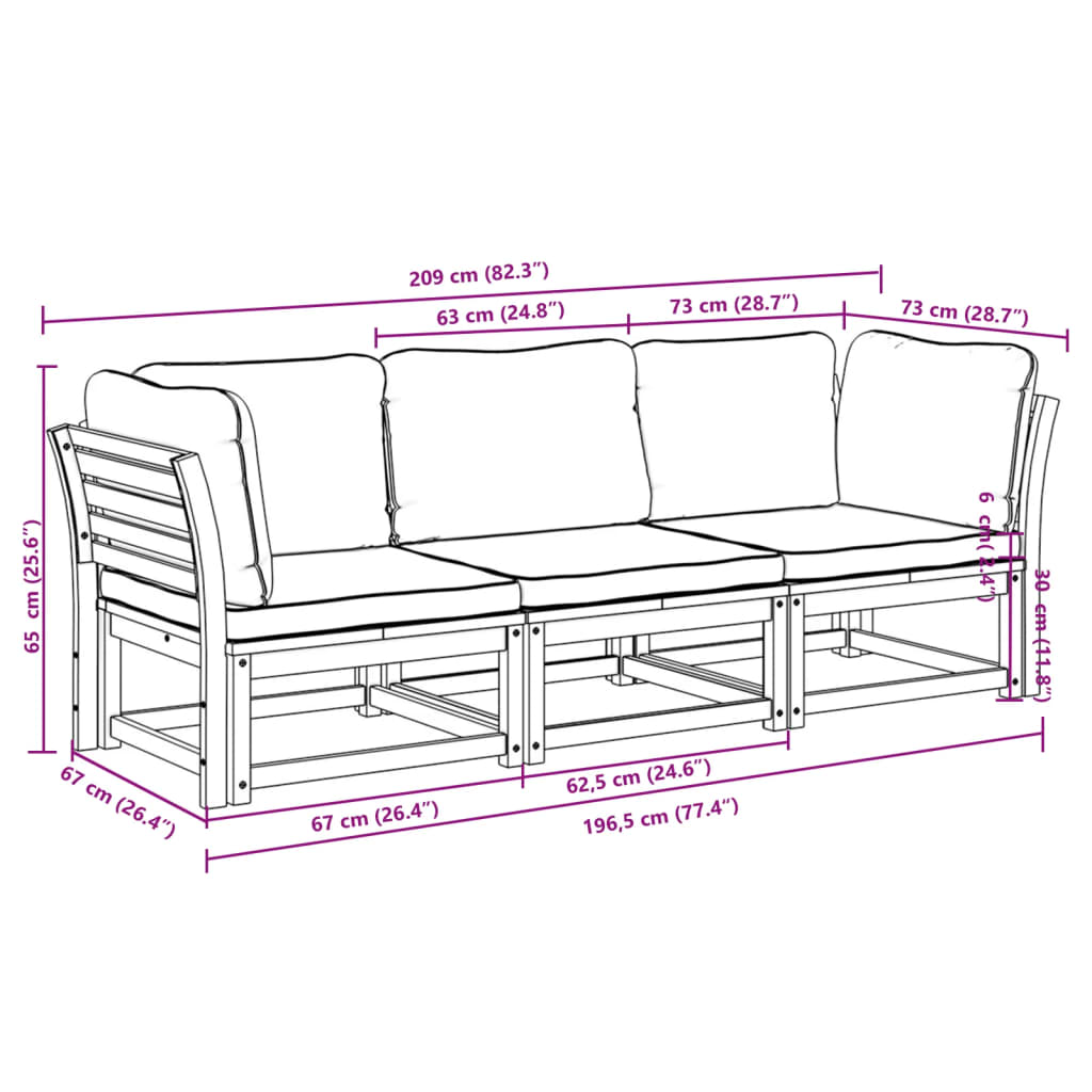 3-tlg. Garten-Lounge-Set mit Kissen Massivholz Akazie