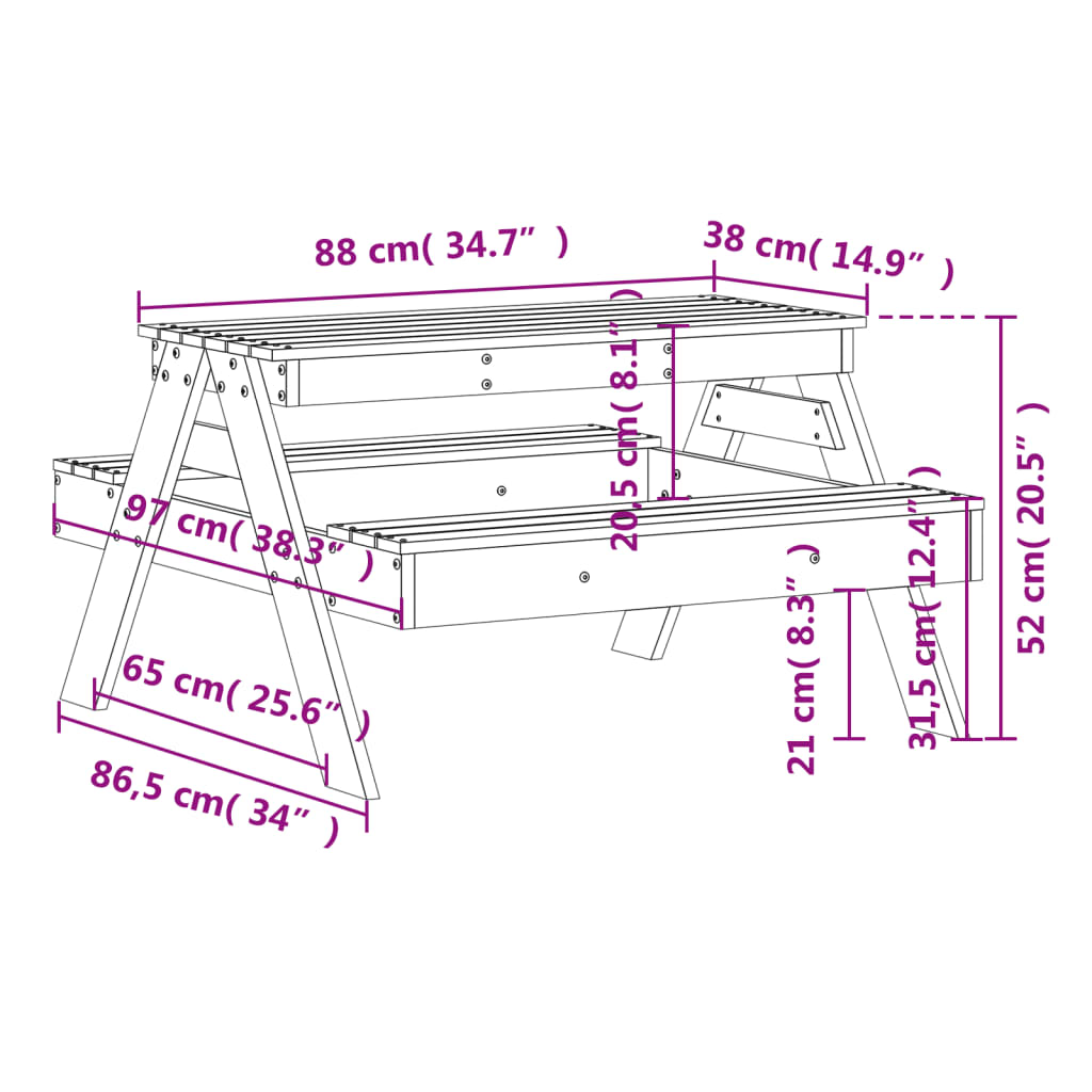 Picknicktisch für Kinder 88x97x52 cm Massivholz Douglasie