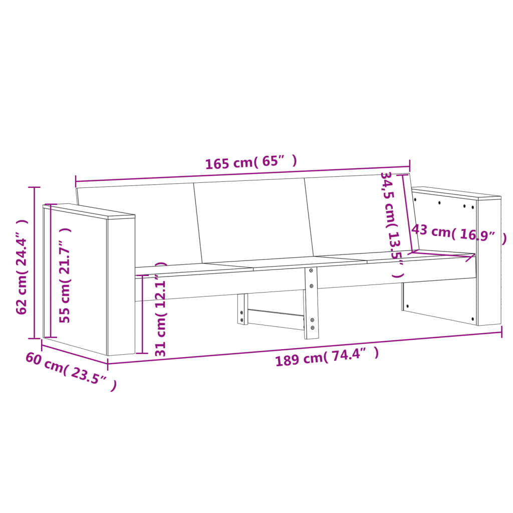 Gartensofa 3-Sitzer Wachsbraun 189x60x62 cm Massivholz Kiefer