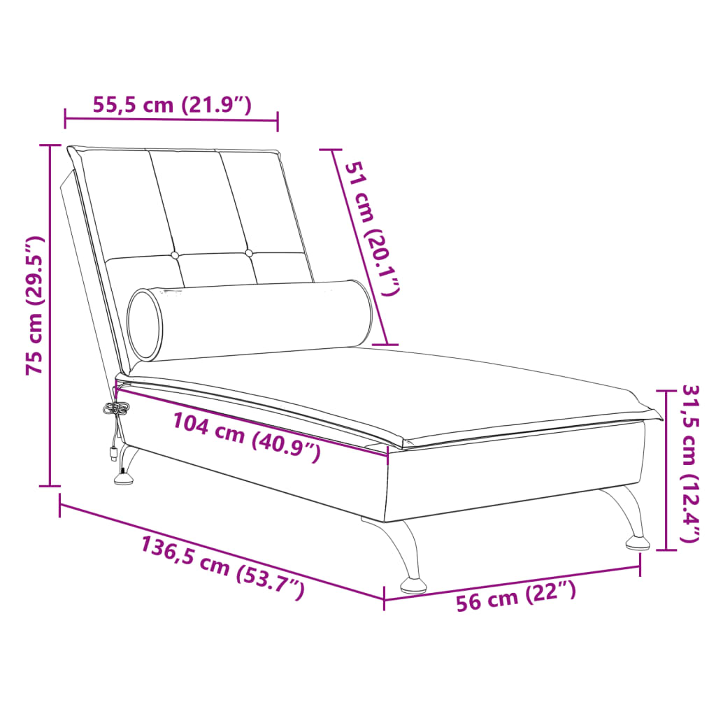 Massage-Chaiselongue mit Nackenrolle Creme Samt