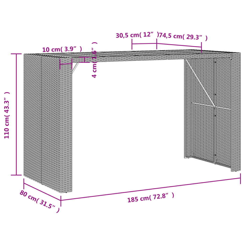 Garten-Bartisch mit Holzplatte Schwarz 185x80x110 cm Polyrattan