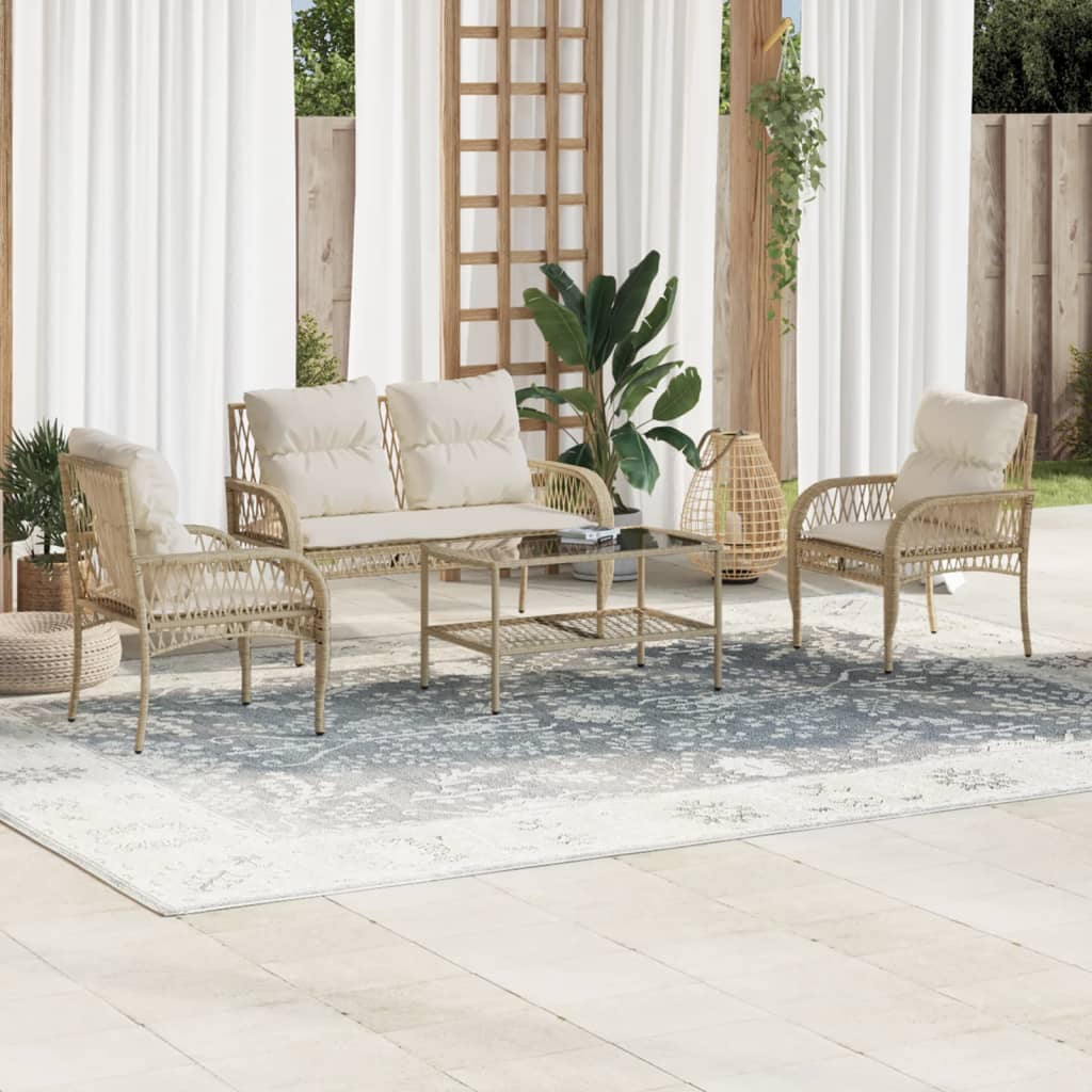 4-tlg. Garten-Sofagarnitur mit Kissen Beige Poly Rattan