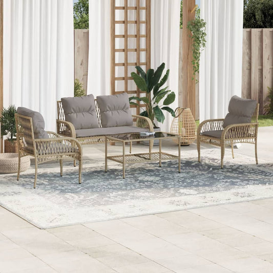 4-tlg. Garten-Sofagarnitur mit Kissen Beige Poly Rattan