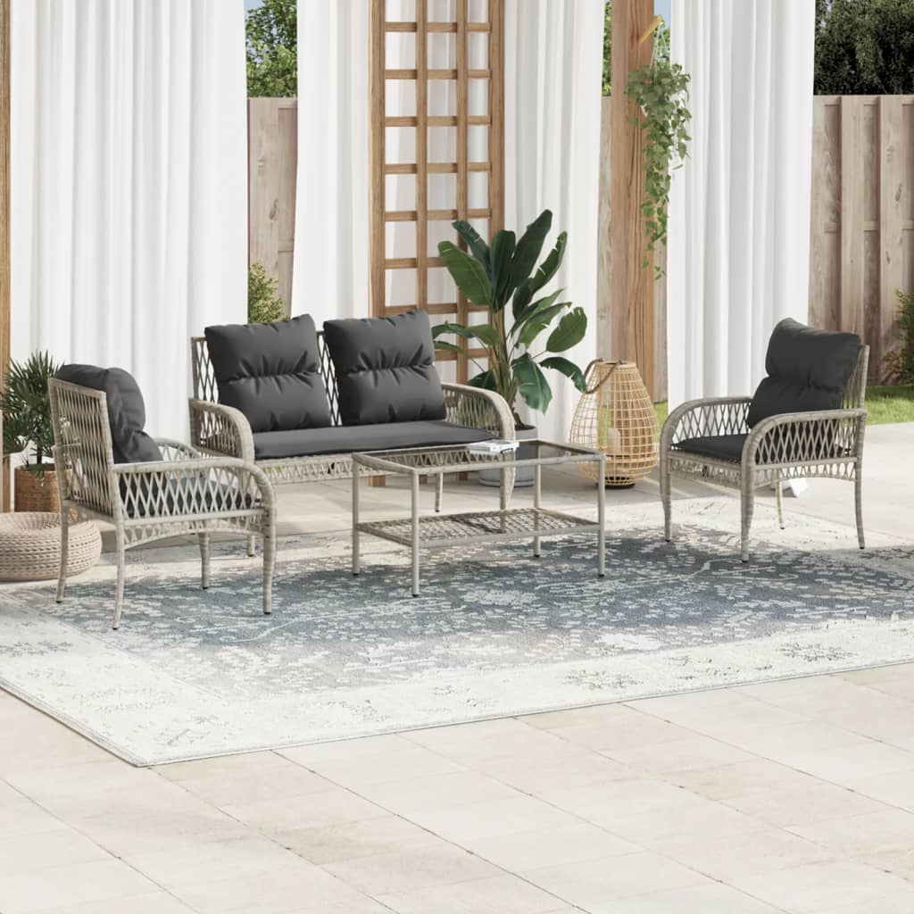 4-tlg. Garten-Sofagarnitur mit Kissen Hellgrau Poly Rattan