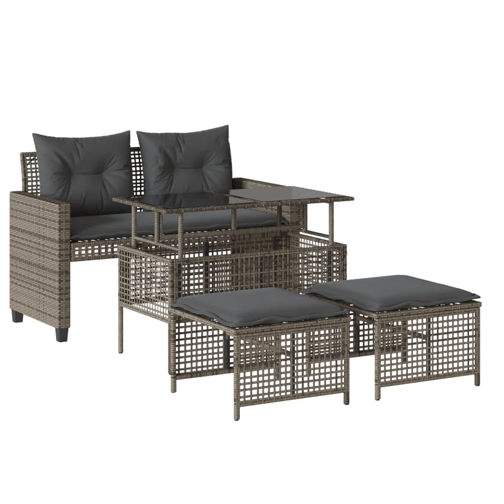 4-tlg. Garten-Sofagarnitur mit Kissen Grau Poly Rattan Glas