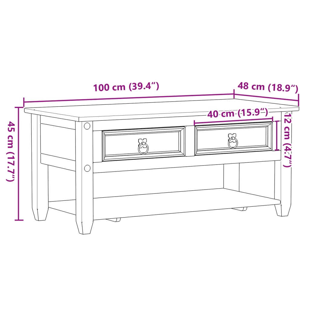 Couchtisch mit Schubladen Corona 100x48x45 cm Massivholz Kiefer