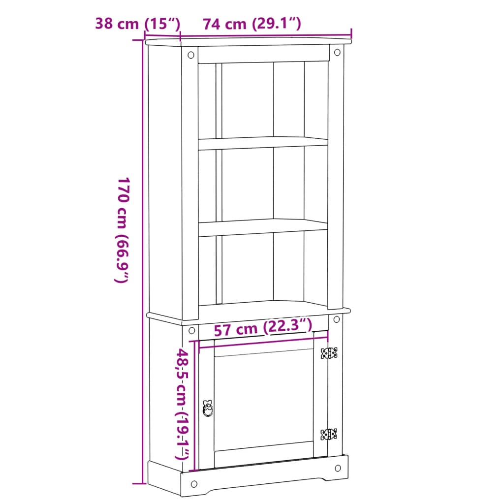 Highboard Corona 74x38x170 cm Massivholz Kiefer