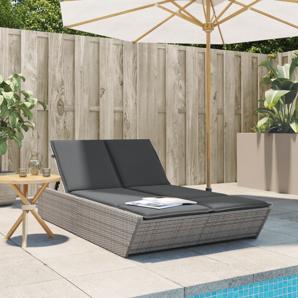 Doppel-Sonnenliege mit Kissen Grau Poly Rattan