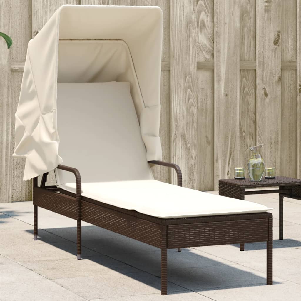 Sonnenliege mit Dach Braun Poly Rattan