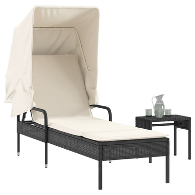 Sonnenliege mit Dach und Tisch Schwarz Poly Rattan