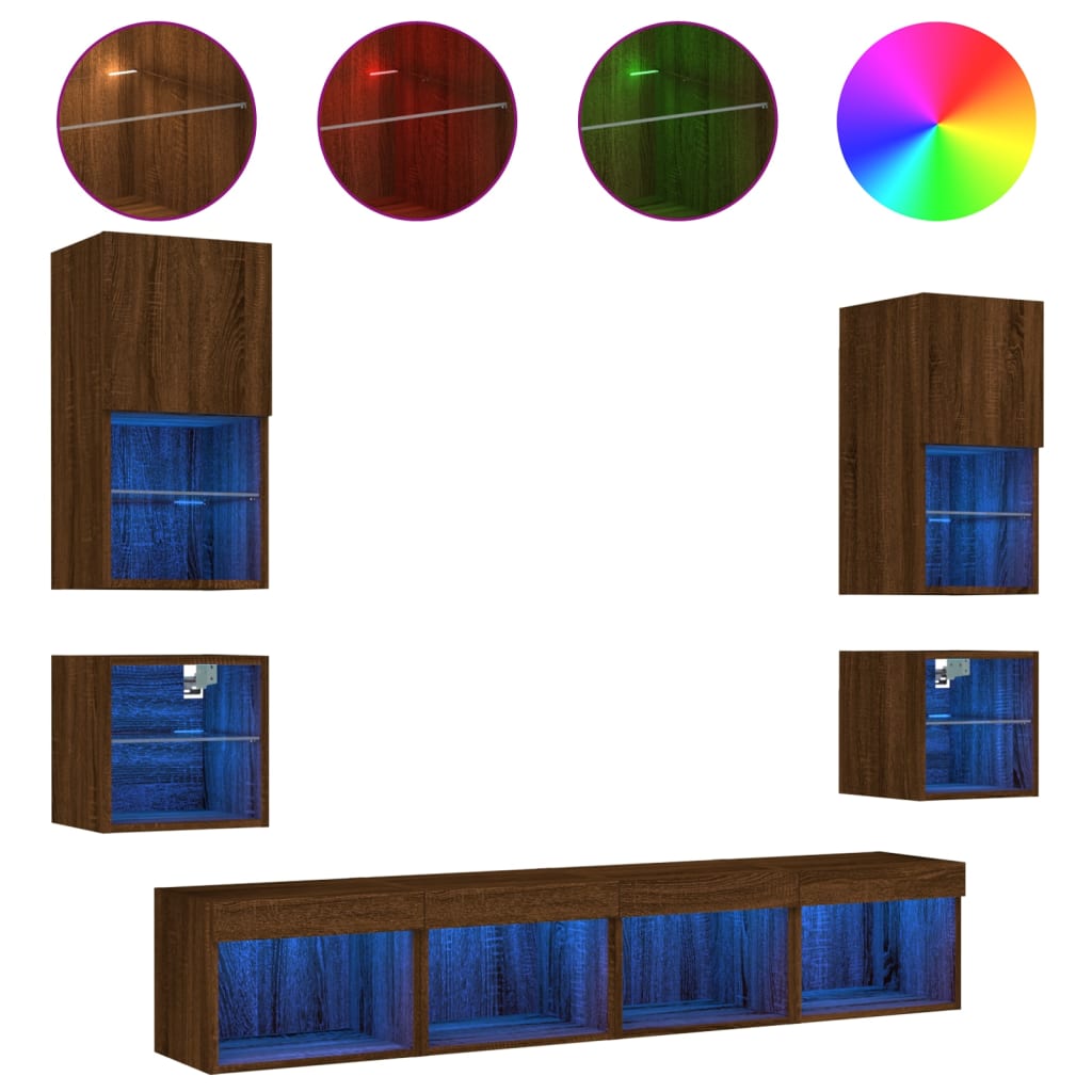 8-tlg. Wohnwand mit LED-Beleuchtung Braun Eichen-Optik