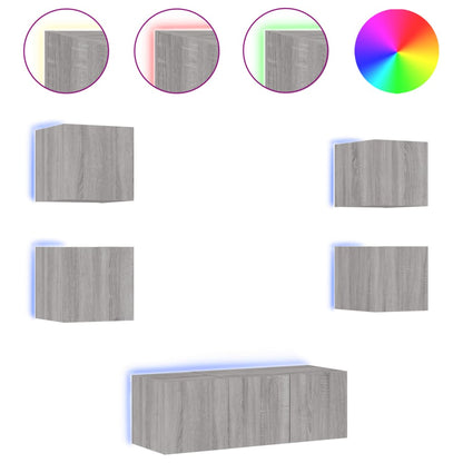 6-tlg. Wohnwand mit LED-Beleuchtung Grau Sonoma Holzwerkstoff