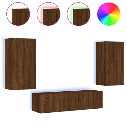 4-tlg. Wohnwand mit LED-Beleuchtung Braun Eiche Holzwerkstoff