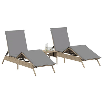 Sonnenliegen 2 Stk. mit Tisch Beige Poly Rattan