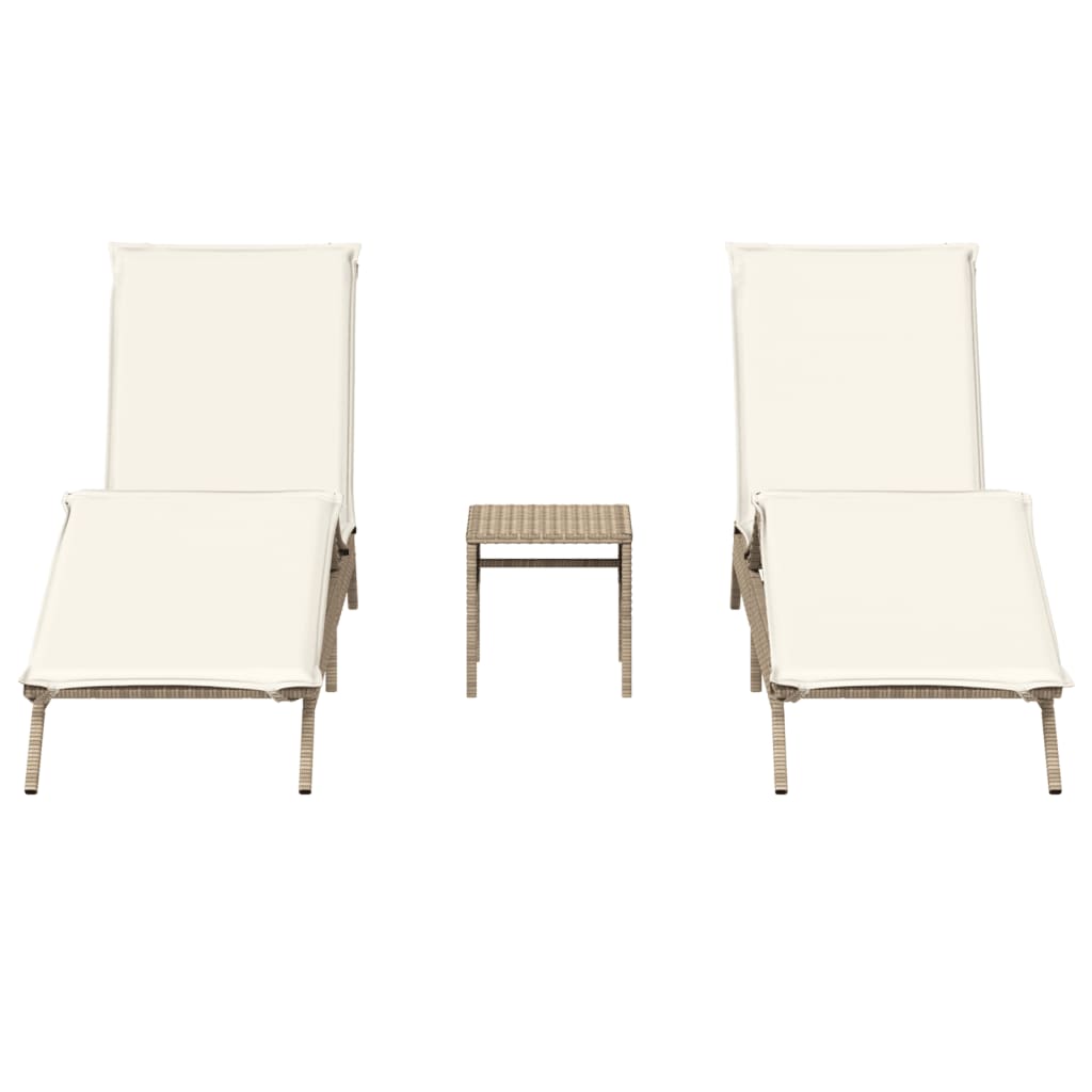 Sonnenliegen 2 Stk. mit Tisch Beige Poly Rattan