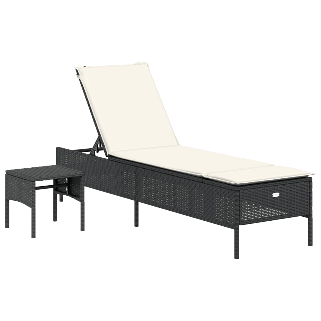 Sonnenliege mit Tisch und Auflage Schwarz Poly-Rattan