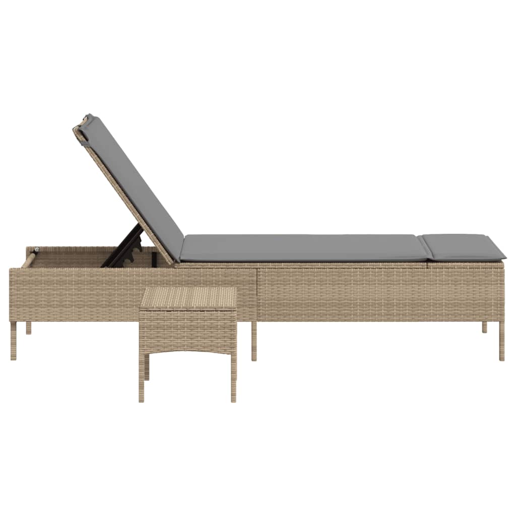 Sonnenliege mit Tisch und Auflage Beige Poly Rattan